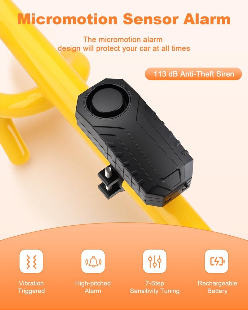 ELECTOP Steering Wheel Lock with Alarm 113db Anti Theft Car Device Double Hooks Car Lock with Adjustable Locking and 2 Key Car Alarm System with Motion Sensor Universal Fit for Vehicle Truck Van SUV - Image 2